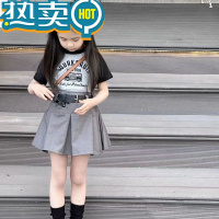 绿彩虹光女童2023夏季新款套装裙字母印花插肩短袖+灰色短裙女宝宝百褶裙