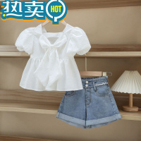 绿彩虹光女童套装2022新款韩版儿童洋气泡泡袖牛仔短裤女宝时髦两件套折扣