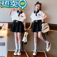 绿彩虹光女童夏装套装2023新款儿童夏款时髦洋气女大童夏季学院风jk套裙潮