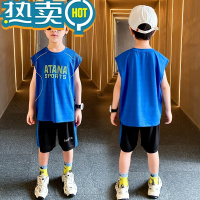 绿彩虹光男童夏季背心短裤套装大童夏装2023新款儿童运动速干篮球服潮球衣