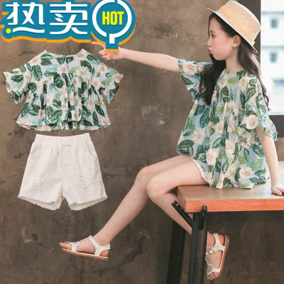 绿彩虹光女童夏装套装2023新款中大童洋气时髦短袖夏季儿童装运动夏天短裤