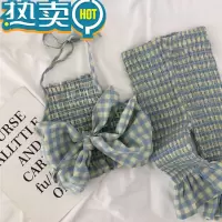 绿彩虹光女童洋气蝴蝶结套装2023夏季新款女宝宝时髦格子吊带背心+喇叭裤