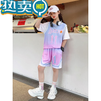 绿彩虹光女童篮球服夏季套装儿童速干宽松女孩运动短袖短裤时尚假两件球衣