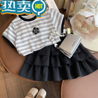 绿彩虹光女童套装裙夏装2023新款洋气儿童条纹T恤短裙套装女孩时髦两件套