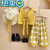 绿彩虹光女童休闲套装2023新款夏装韩版洋气宝宝背心圆点灯笼裤时髦两件套