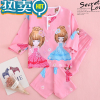 绿彩虹光儿童棉绸家居服女童春夏睡衣套装女宝宝可爱长袖睡衣睡裤子两件套