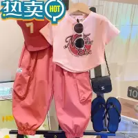 绿彩虹光新款女童夏装套装儿童工装套装韩版女宝宝夏季字母休闲两件套夏装