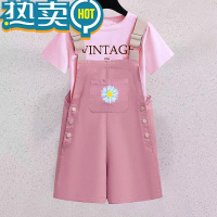 绿彩虹光韩版女童背裤套装夏季中大童女孩超可爱短袖五分裤洋气休闲两件套