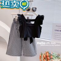 绿彩虹光女童套装夏季韩版新款洋气时尚木耳花边背心九分格子阔腿裤两件套