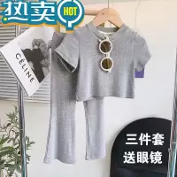绿彩虹光夏季女童洋气喇叭裤套装高品质宝宝童装小女孩大弹力洋气韩版短袖