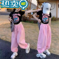 绿彩虹光女童套装夏装2023新款中大童韩系炸街儿童卡通T恤灯笼裤套;..&..