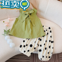 绿彩虹光女童袖套装2023新款韩版夏装女宝洋气背心圆点时髦灯笼裤两件套
