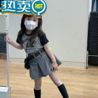 绿彩虹光女童韩版字母短袖T套装2023夏女宝印花T时髦气质半身裙套两件套潮