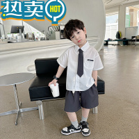 绿彩虹光okai童装夏装男童学院风领带休闲套装中小童帅气衬衫短裤两件套