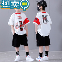 绿彩虹光男童街舞套装夏季短袖儿童t恤夏装运动童装潮服酷帅嘻哈服装夏款