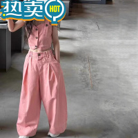 绿彩虹光韩国童装女童牛仔套装2023夏装女孩吊带背心马甲直筒裤两件套