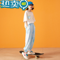 绿彩虹光女童套装夏季2023新款洋气儿童时髦短袖休闲运动夏装大童