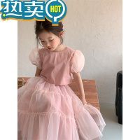 绿彩虹光女童网红套装夏装2023新款潮儿童蓬蓬纱裙子女孩半身裙两件套洋气