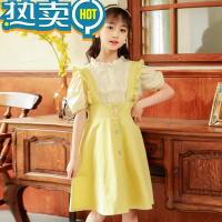 绿彩虹光女童连衣裙套装夏季新款中大儿童短袖背带裙胖女孩洋气两件套