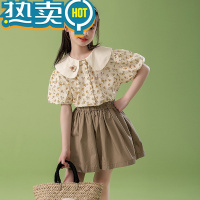 绿彩虹光女童套装裙裤碎花儿童短袖衬衫短裤两件套夏季洋气娃娃领中大童棉