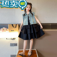 绿彩虹光女童连衣裙套装2023夏装新款大童女孩赫本风无袖裙子牛仔衣两件套