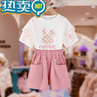 绿彩虹光女童夏季套装2023新款儿童装洋气小女孩短袖t恤休闲短裤两件套薄