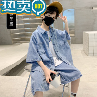 绿彩虹光男童短袖牛仔套装夏装2023新款男孩童装夏款男大童夏季帅气潮衣服