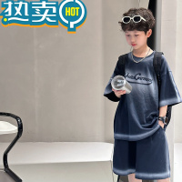 绿彩虹光男童运动套装2023夏装新款扎染中大童短袖自制五分裤儿童两件套潮