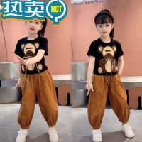 绿彩虹光女童时尚绑绳小熊短袖T恤2023设计感圆领百搭上衣韩系灯笼裤套装8