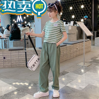 绿彩虹光女童短袖套装时髦2023夏装休闲运动中大童洋气T恤两件套女装
