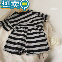 绿彩虹光自留实用~ 韩国儿童条纹运动套装男女童宝宝棉质休闲两件套2023夏