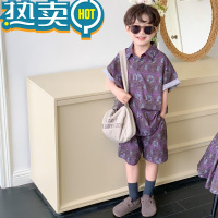 绿彩虹光夏款儿童复古风印花休闲套装韩国姐弟装男童花衬衫短裤女童连衣裙