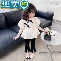绿彩虹光女童夏季套装2023新款宝宝时髦公主风儿童提花洋气喇叭裤子夏装潮