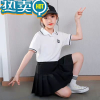 绿彩虹光女童夏季套装2023新款中大童小女孩洋气裙子儿童黑色百褶裙两件套