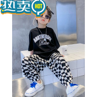 绿彩虹光男童夏装休闲棋盘格套装2023新款儿童潮牌衣服男孩夏季短袖两件套