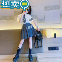 绿彩虹光王心凌同款百褶裙女童套装夏季时髦洋气裙子短裙半身裙jk制服夏装