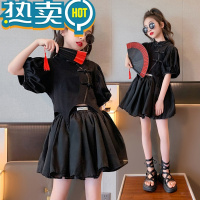 绿彩虹光女童夏装套装2023新款大儿童短袖时髦夏季小孩旗袍裙两件套洋气潮