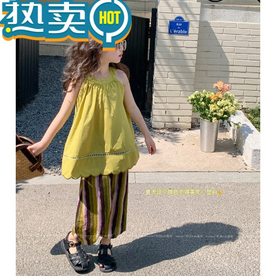 绿彩虹光奶油童装女童套装儿童2023新款夏季宝宝洋气休闲两件套