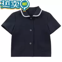 绿彩虹光童装23夏季新品藏青娃娃领单排扣上衣亲子学院风百褶裙套装女