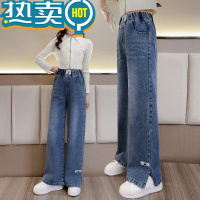 绿彩虹光女童牛仔宽裤加绒加厚秋冬直筒儿童中大童宽松外穿长裤冬季裤子