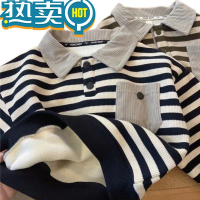 绿彩虹光男童冬装加绒卫衣2023新款宝宝长袖POLO衫韩版条纹儿童一体绒