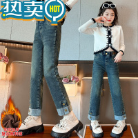 绿彩虹光女童牛仔裤秋冬款大童烟管裤一体绒冬天加绒加厚宽松直筒儿童裤子