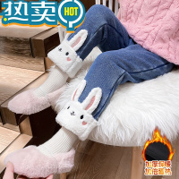 绿彩虹光女童一体绒牛仔裤冬款2023新款冬季女小童女宝宝百搭加绒加厚裤子