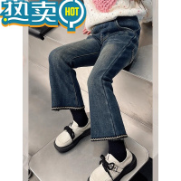 绿彩虹光加绒加厚女童洋派喇叭裤儿童修身牛仔裤大童装长裤子2023冬装新款
