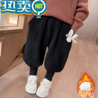 绿彩虹光女童加绒卫裤秋冬2024新款儿童洋气一体绒宽松灯笼裤宝宝百搭裤子