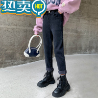 绿彩虹光女童裤子秋冬季新款中大童修身加绒加厚牛仔裤儿童一体绒休闲长裤