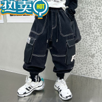 绿彩虹光男童加绒裤子冬季加厚保暖工装裤2023新款哈伦裤儿童牛仔裤灯笼裤