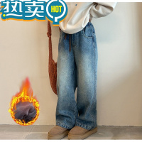 绿彩虹光女童加绒牛仔裤2023冬季休闲裤子儿童一体绒直筒裤百搭阔腿裤子潮