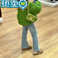 绿彩虹光女童加绒牛仔喇叭裤秋冬季2023新款儿童裤子加厚宝宝修身微喇长裤