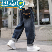 绿彩虹光儿童装男童一体加绒裤子春秋冬款2023新款加厚中大童冬季牛仔长裤